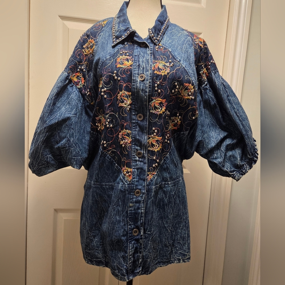 Steampunk Studded Puff Sleeve Acid Wash Embroidered Long 100% Cotton Shacket